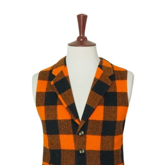 Mens 46R Wool Buffalo Plaid Vest Orange Black Waistcoat Formal Party Casual - Picture 3 of 8